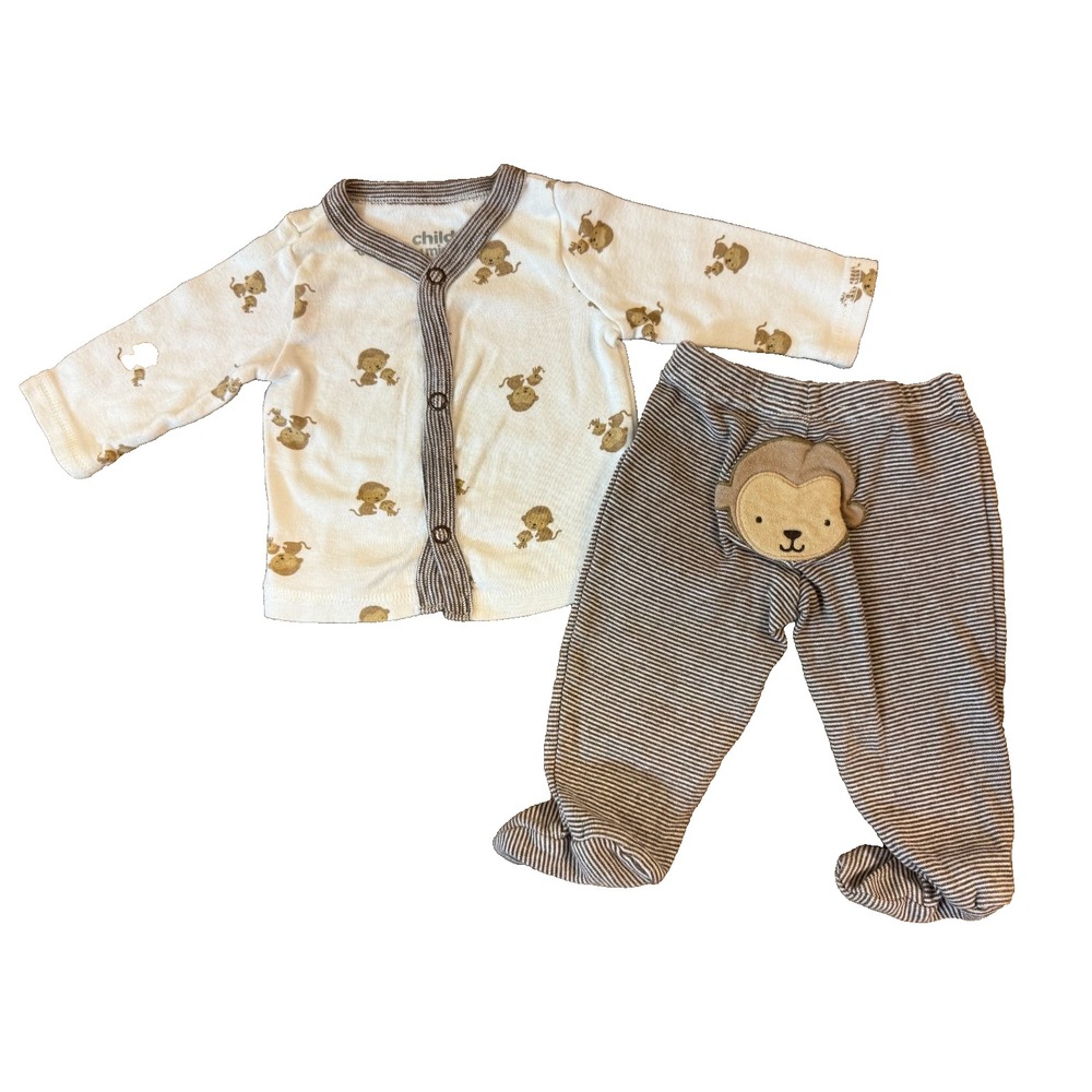 Vintage Carters Baby 2 Piece Outfit Monkey Striped Footed Pants Shirt Brown Y2K